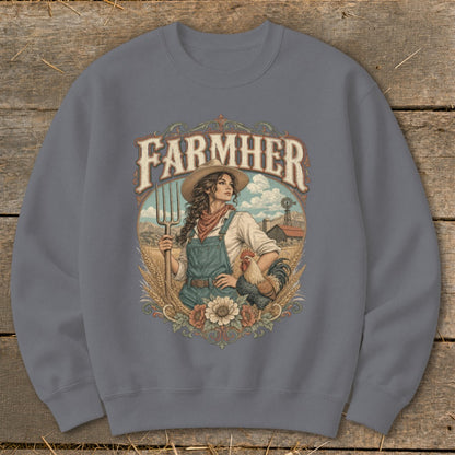 "FARMHER" graphic on sweatshirt with farmer, rooster, windmill, and barn background.