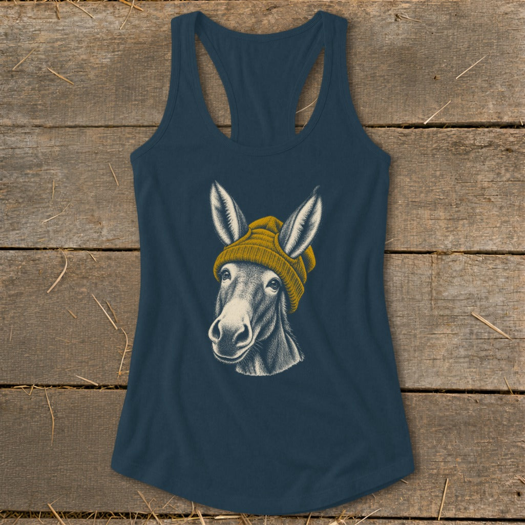 Dark blue tank top with a drawing of a donkey wearing a yellow beanie.