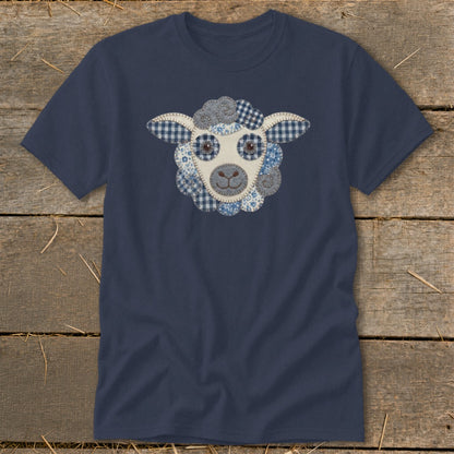 Navy blue t-shirt with a patchwork sheep face design in blue and white fabrics.