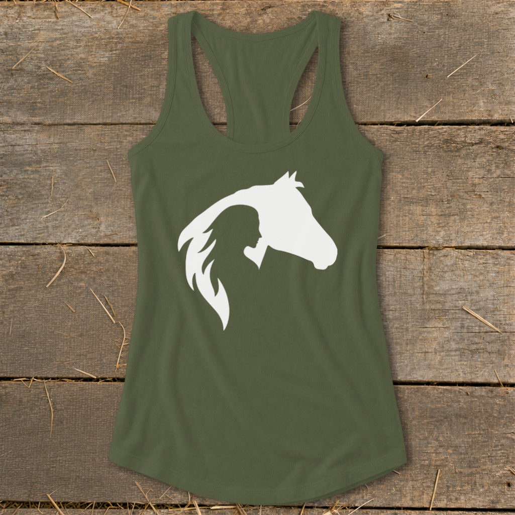 Green tank top with white silhouette of a woman and horse head graphic.
