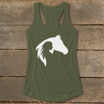 Green tank top with white silhouette of a woman and horse head graphic.