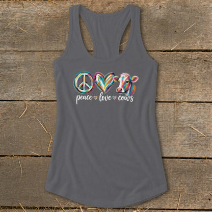 Gray tank top with peace symbol, heart, and colorful cow; text reads "peace love cows".