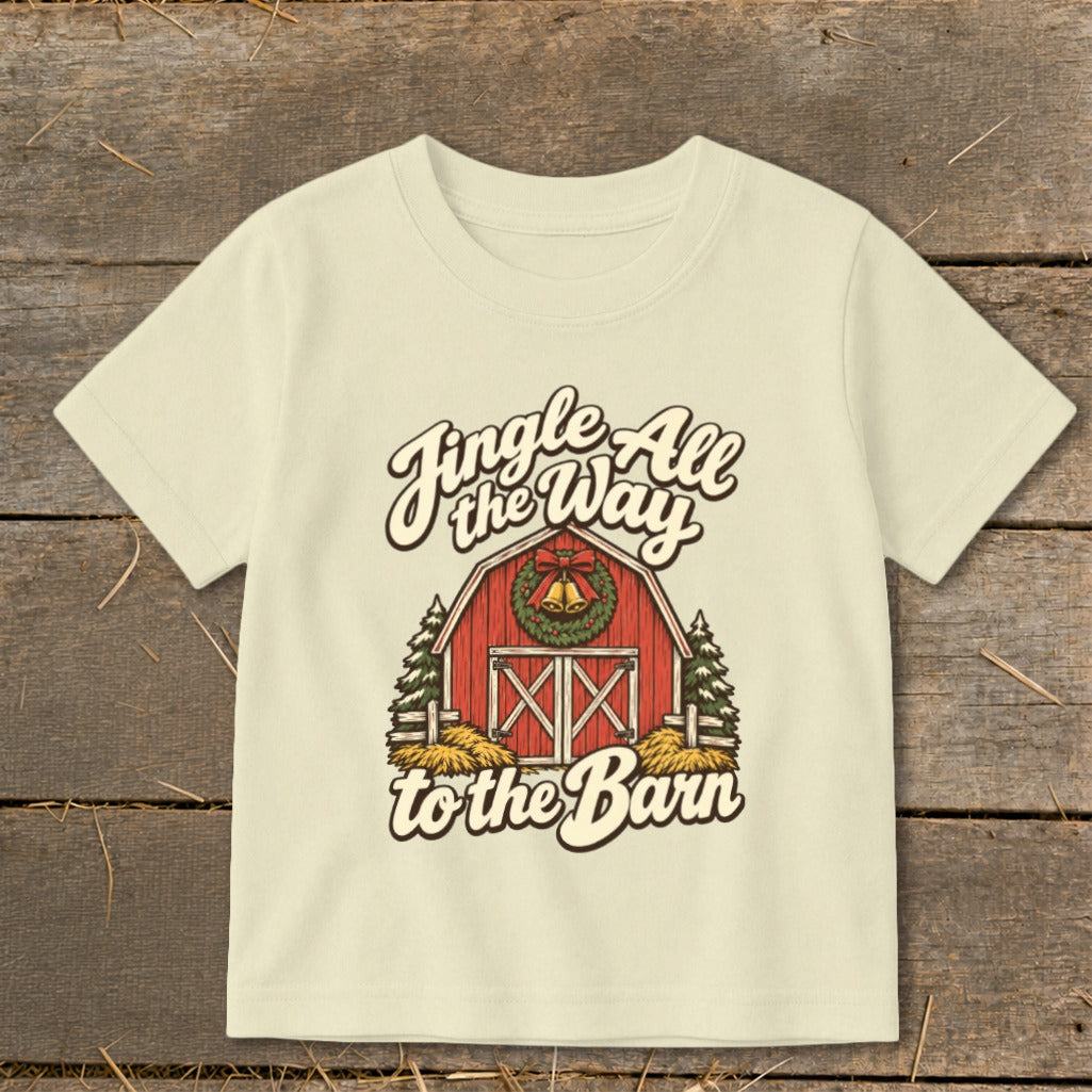 Cream t-shirt with "Jingle All the Way to the Barn" text and barn graphic.