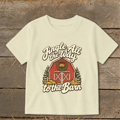 Cream t-shirt with "Jingle All the Way to the Barn" text and barn graphic.