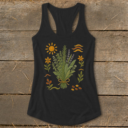Black racerback tank top with a floral bouquet and sun graphic.