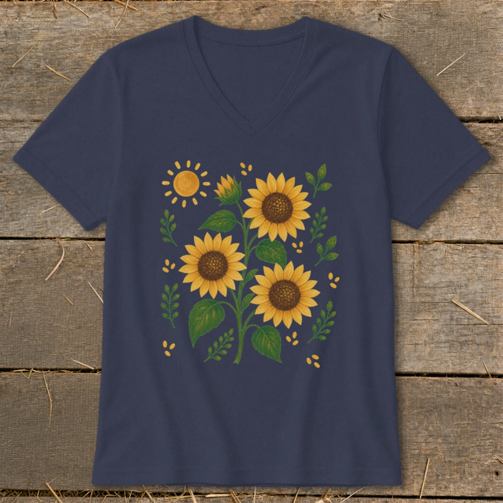 Navy v-neck t-shirt with a sunflower and sun graphic design.