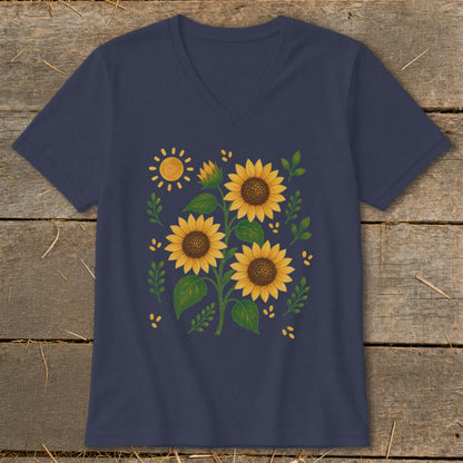 Navy v-neck t-shirt with a sunflower and sun graphic design.