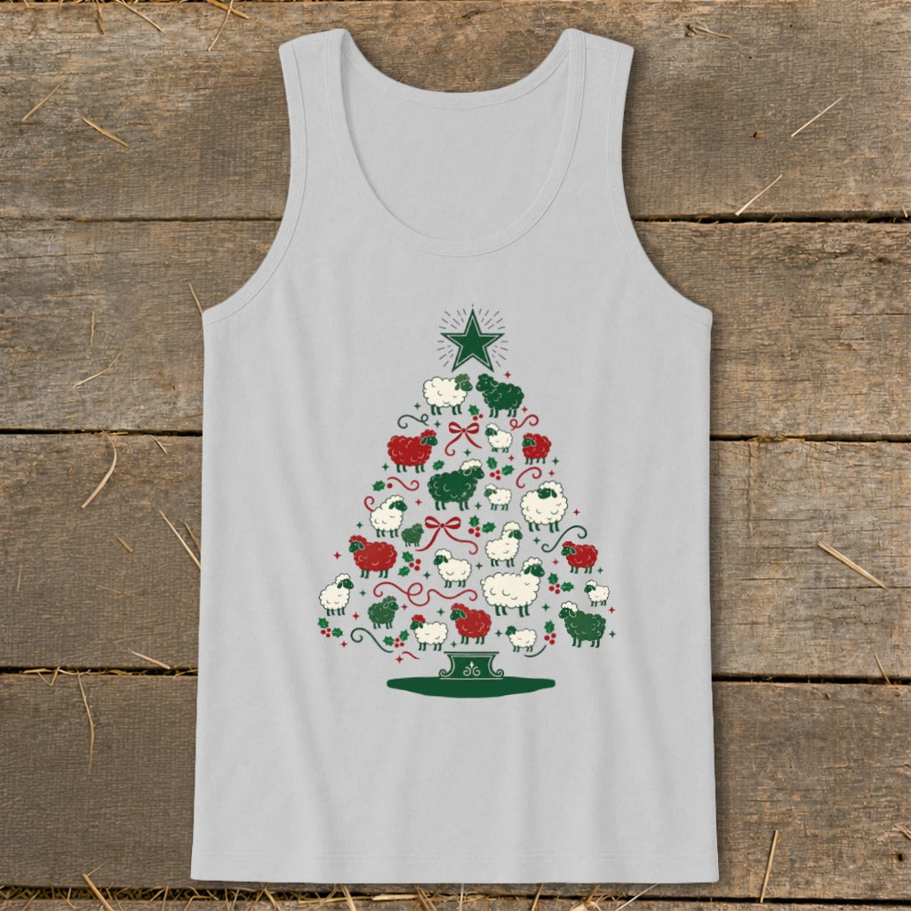 Light gray tank top with a Christmas tree made of sheep and festive details.