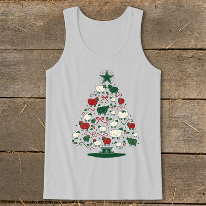 Light gray tank top with a Christmas tree made of sheep and festive details.