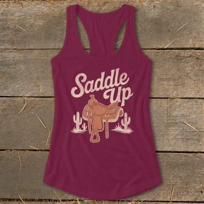 Burgundy tank top with "Saddle Up" text and a western saddle graphic.