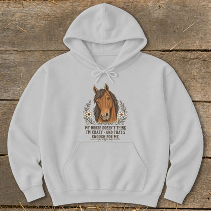 Light gray hoodie with horse graphic and text: "My horse doesn't think I'm crazy and that's enough for me."