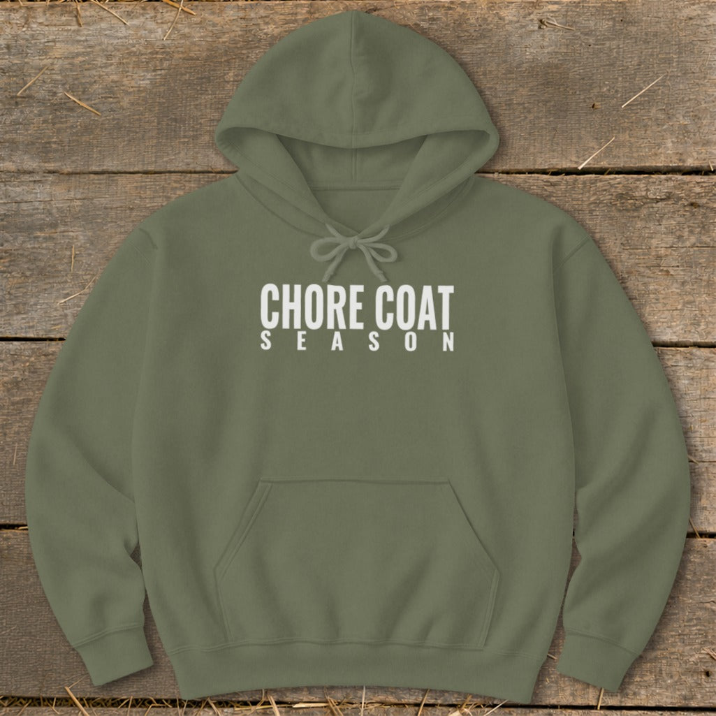 Olive green hoodie with white text "CHORE COAT SEASON" on the chest.