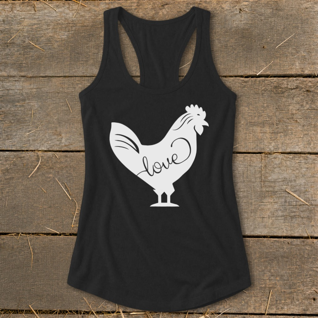 Black tank top with white rooster graphic and the word "love".