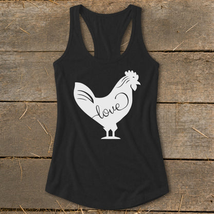 Black tank top with white rooster graphic and the word "love".