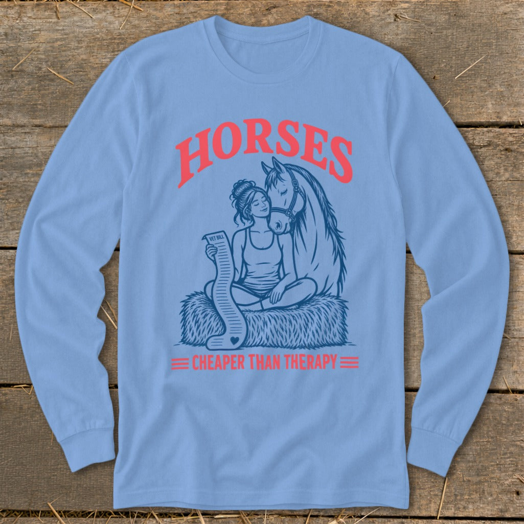 Graphic of a woman with a horse, reading a vet bill that says "Horses Cheaper Than Therapy".