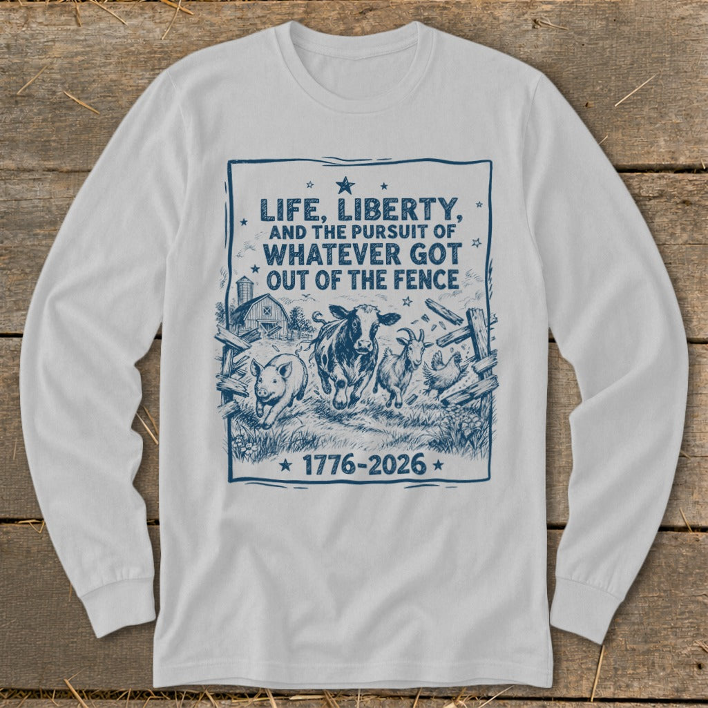 White long sleeve shirt with a blue graphic of farm animals escaping a fence.