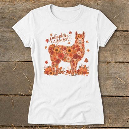 White t-shirt with a floral llama and "Pumpkin Season" text.