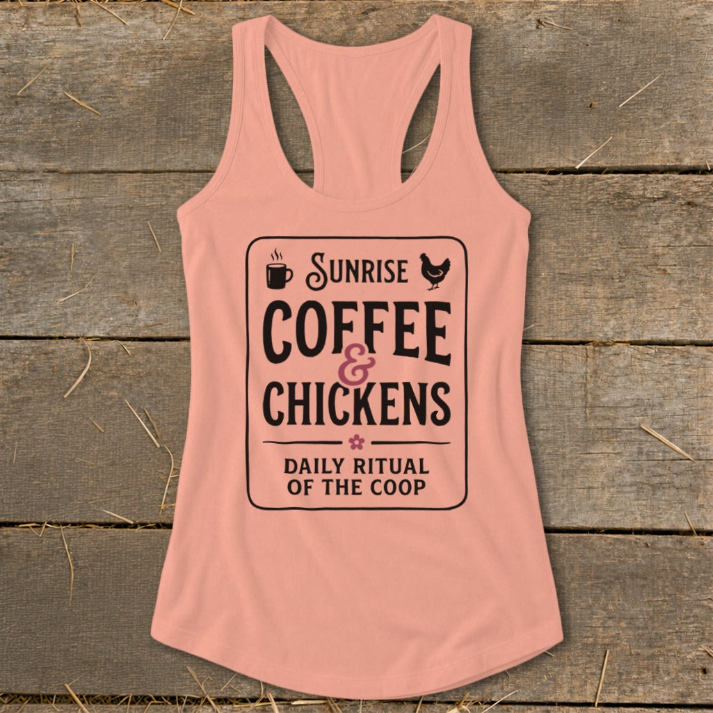 Peach tank top with "Sunrise Coffee & Chickens Daily Ritual of the Coop" graphic.