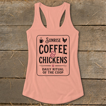 Peach tank top with "Sunrise Coffee & Chickens Daily Ritual of the Coop" graphic.