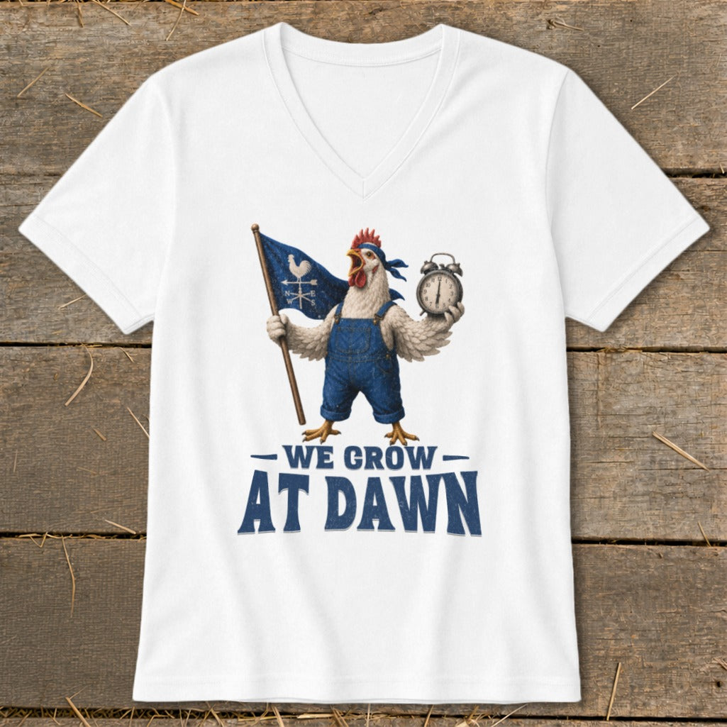 Chicken in overalls holding a flag and alarm clock, text "We Grow At Dawn".