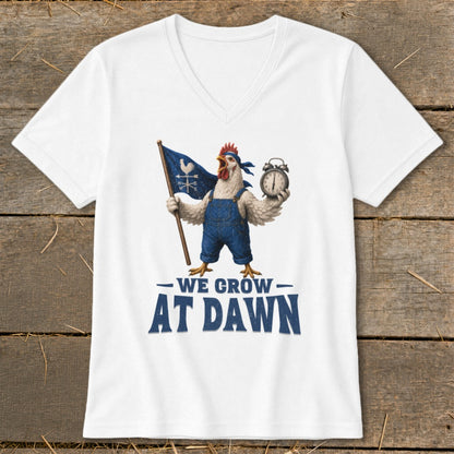 Chicken in overalls holding a flag and alarm clock, text "We Grow At Dawn".
