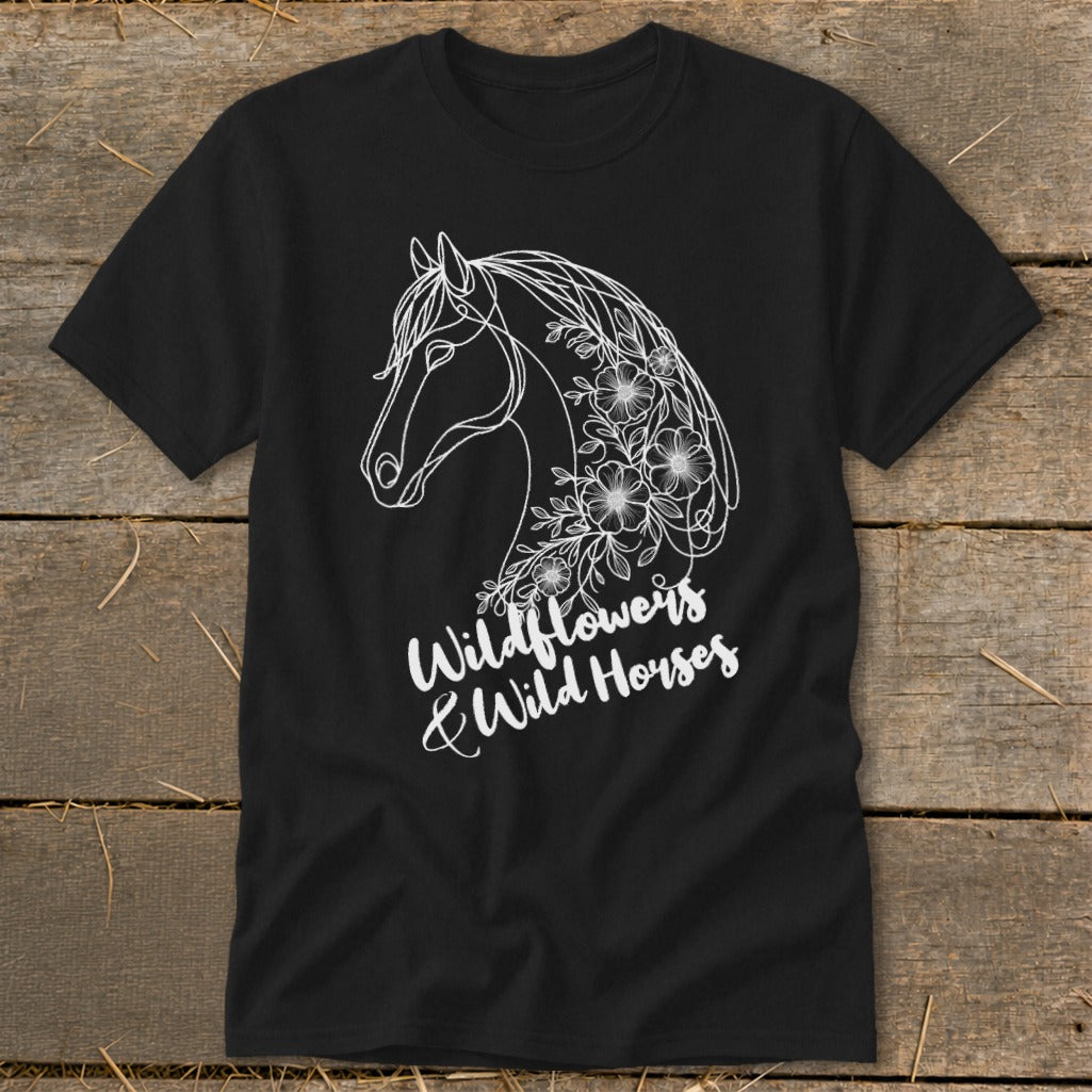 Black t-shirt with white line art of a horse's head and "Wildflowers & Wild Horses" text.