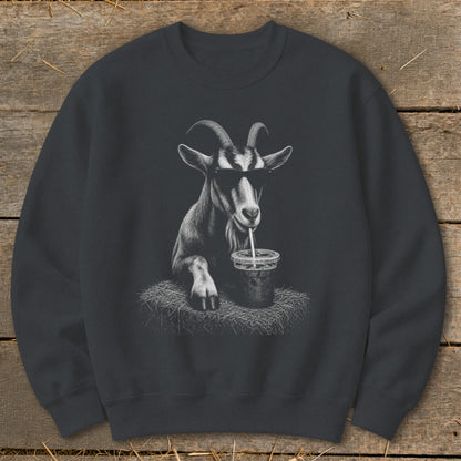 Dark grey sweatshirt with a graphic of a goat wearing sunglasses drinking from a cup.