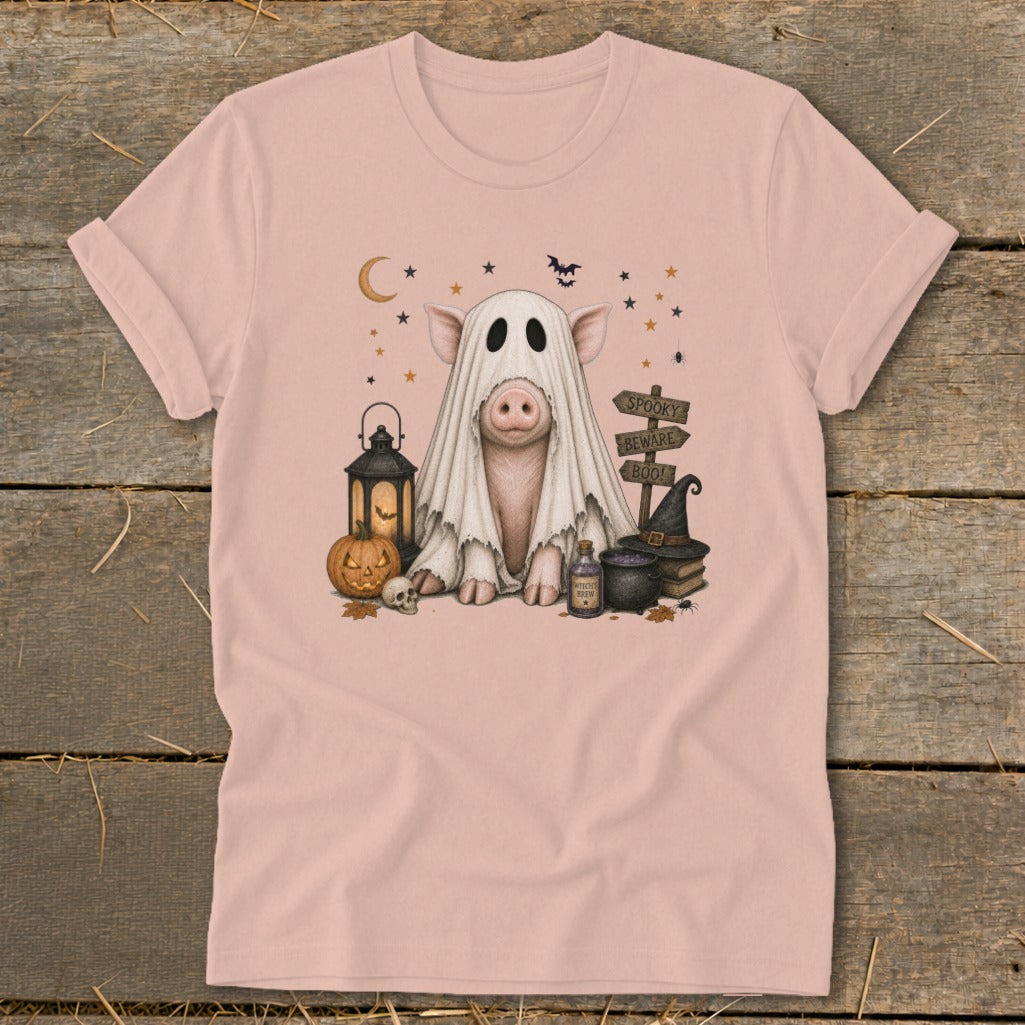 Pig in a ghost costume with Halloween decorations and spooky signposts.