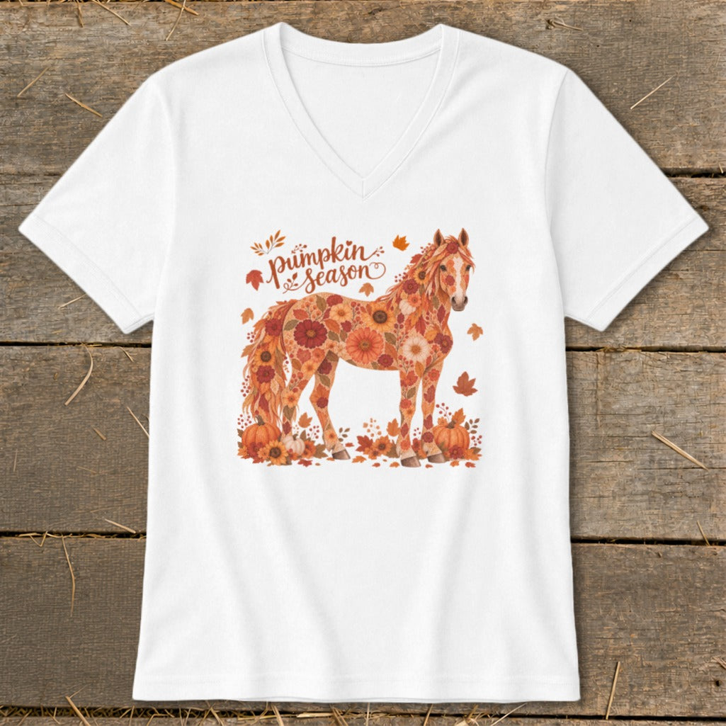 White v-neck t-shirt with a horse made of pumpkins, flowers, and leaves, and text "Pumpkin Season".
