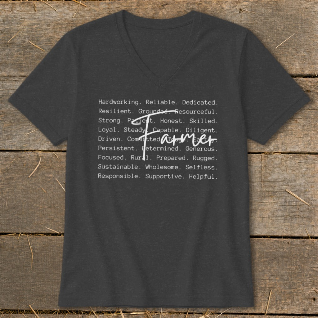 Dark gray v-neck t-shirt with white text describing farmer qualities and the word "Farmer".