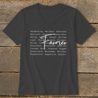 Dark gray v-neck t-shirt with white text describing farmer qualities and the word "Farmer".