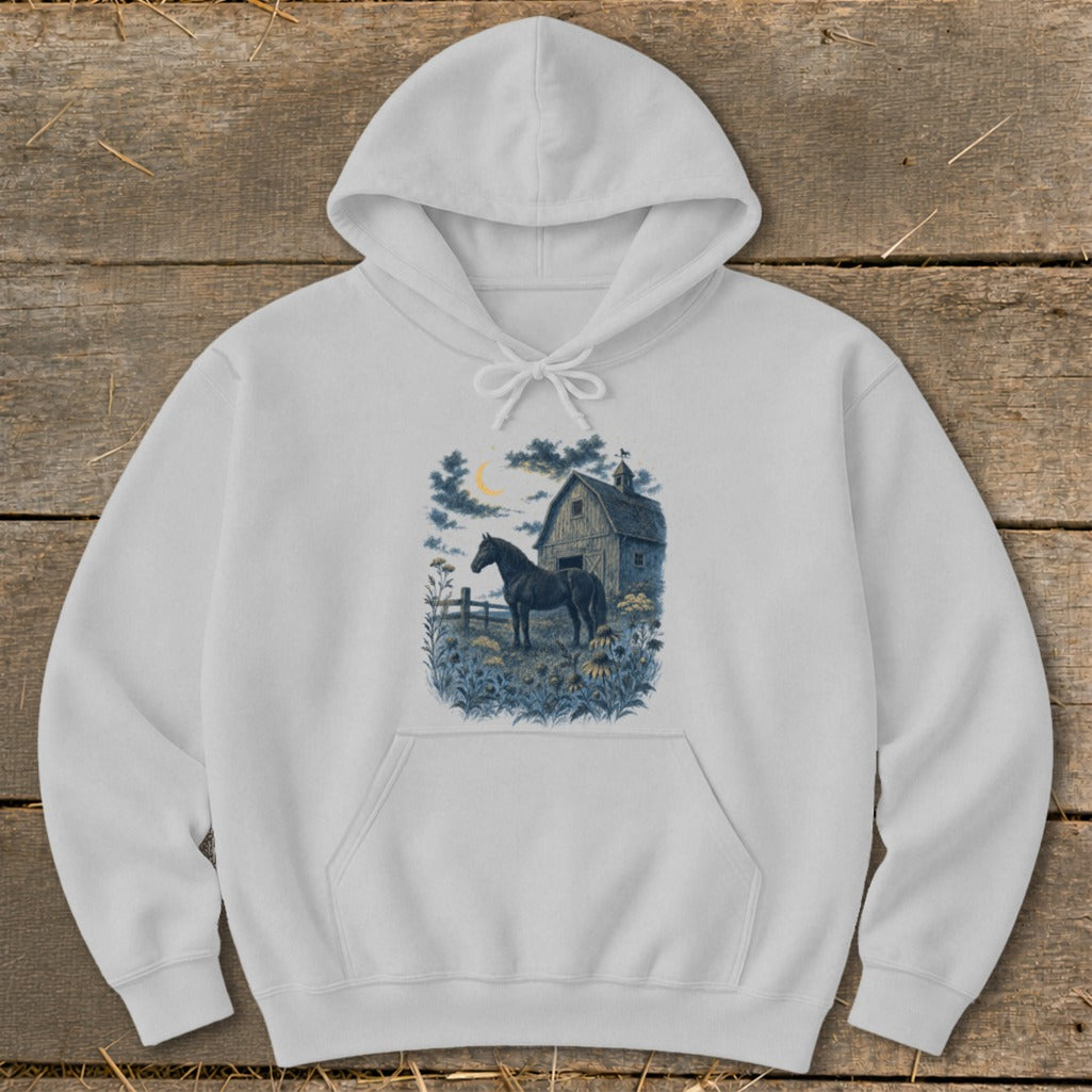 White hoodie with a graphic of a black horse in front of a barn at night.