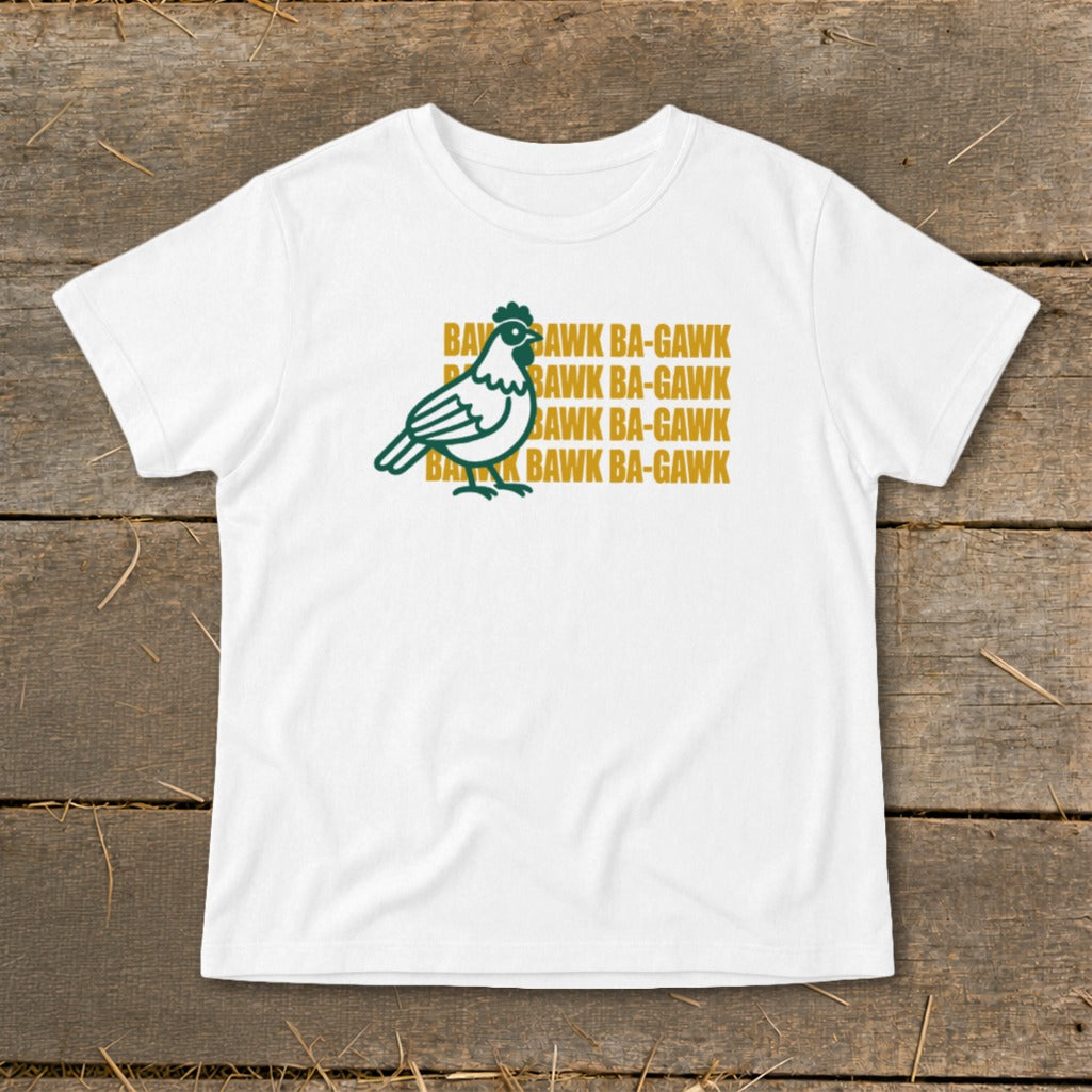 White t-shirt with green chicken graphic and repeating "BAWK BA-GAWK" text.