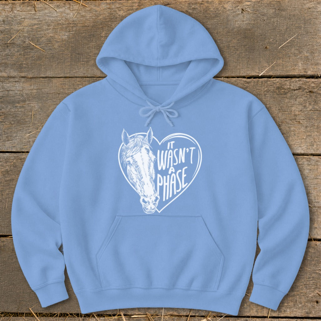 Light blue hoodie with horse head inside a heart graphic and text "It Wasn't a Phase".