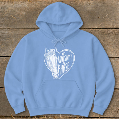 Light blue hoodie with horse head inside a heart graphic and text "It Wasn't a Phase".