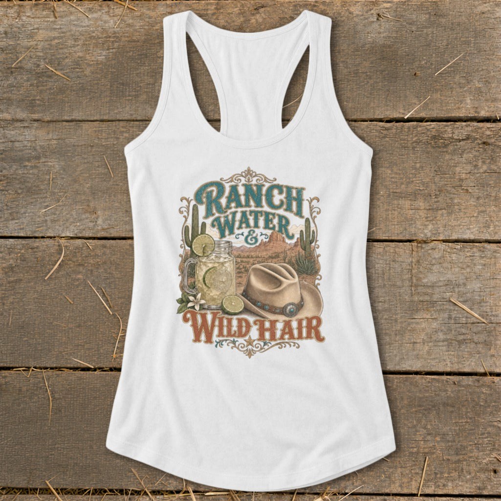 White tank top with "Ranch Water & Wild Hair" text and desert graphic.