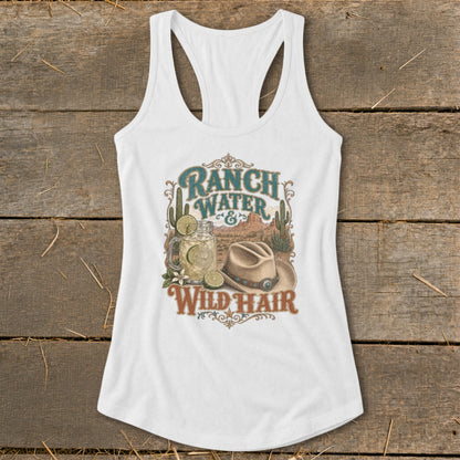 White tank top with "Ranch Water & Wild Hair" text and desert graphic.
