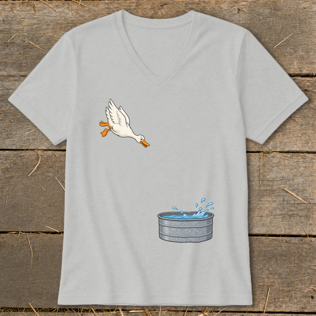 Light gray v-neck t-shirt with a cartoon duck jumping into a galvanized tub of water.