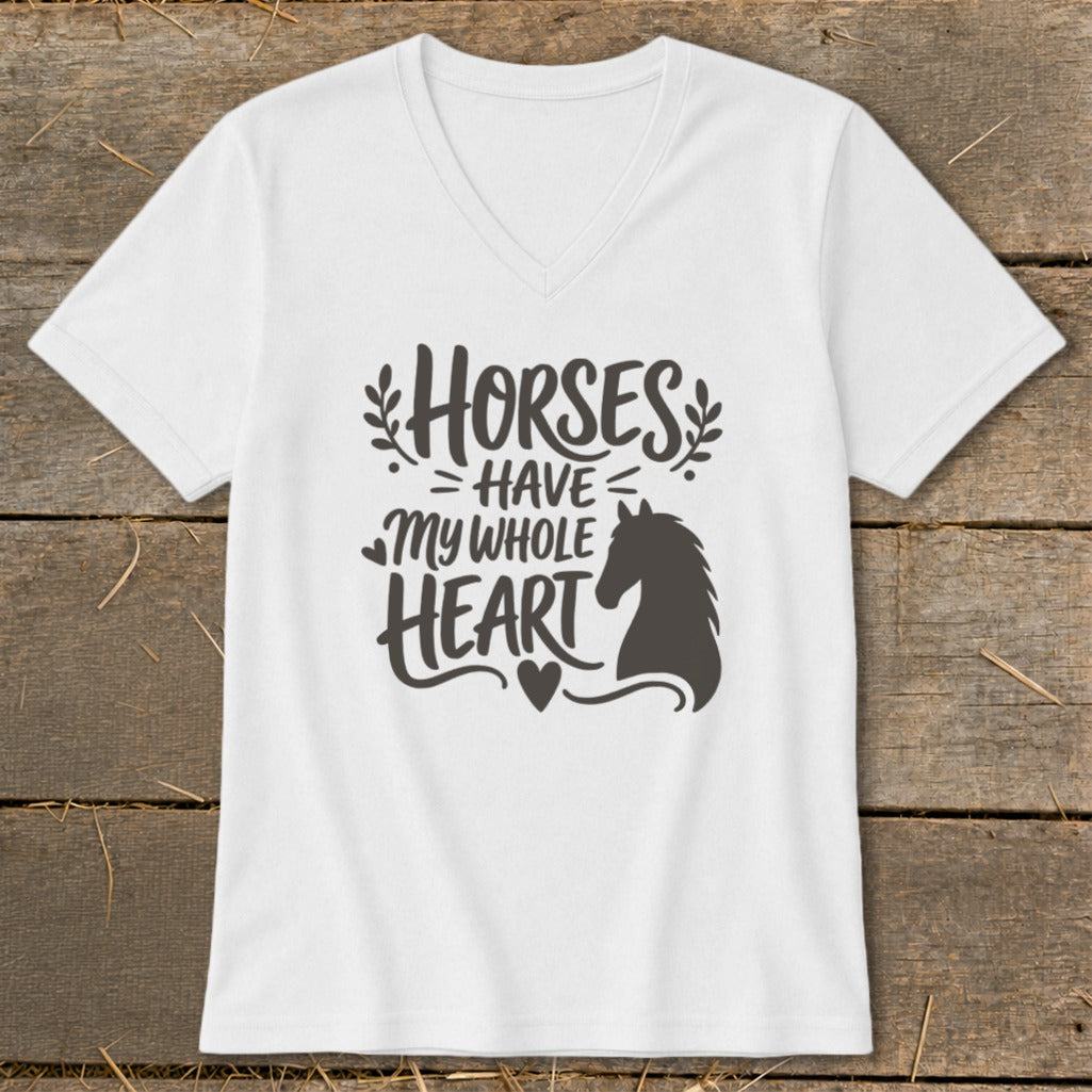White v-neck t-shirt with "Horses Have My Whole Heart" text and horse silhouette.