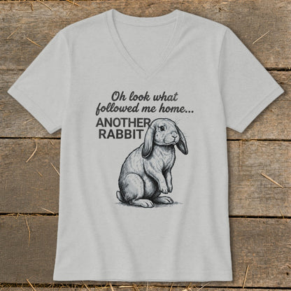 Light grey t-shirt with sketch of rabbit and text "Oh look what followed me home... ANOTHER RABBIT".