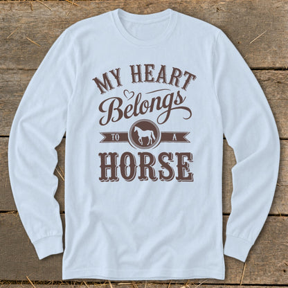 Light blue long-sleeved shirt with "My Heart Belongs to a Horse" text and horse graphic.