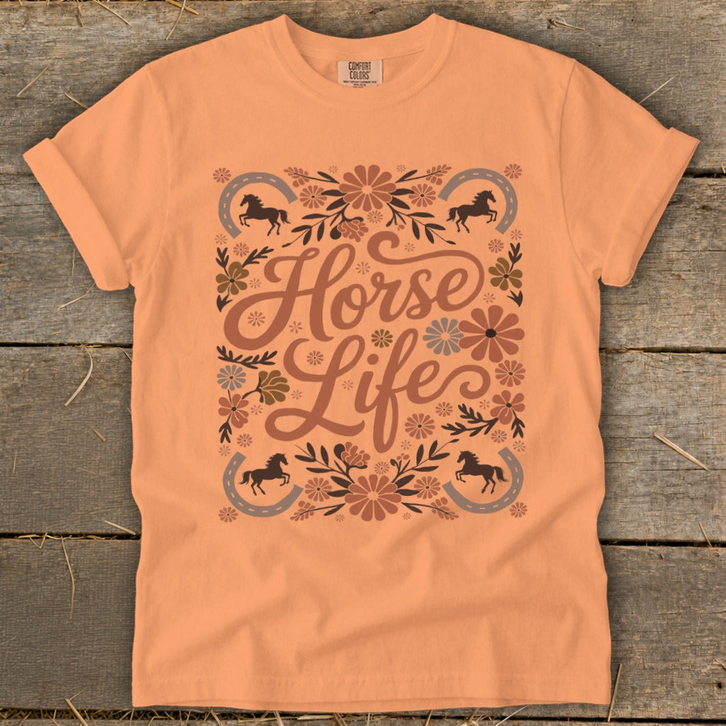 Orange t-shirt with "Horse Life" text and floral horse graphic.