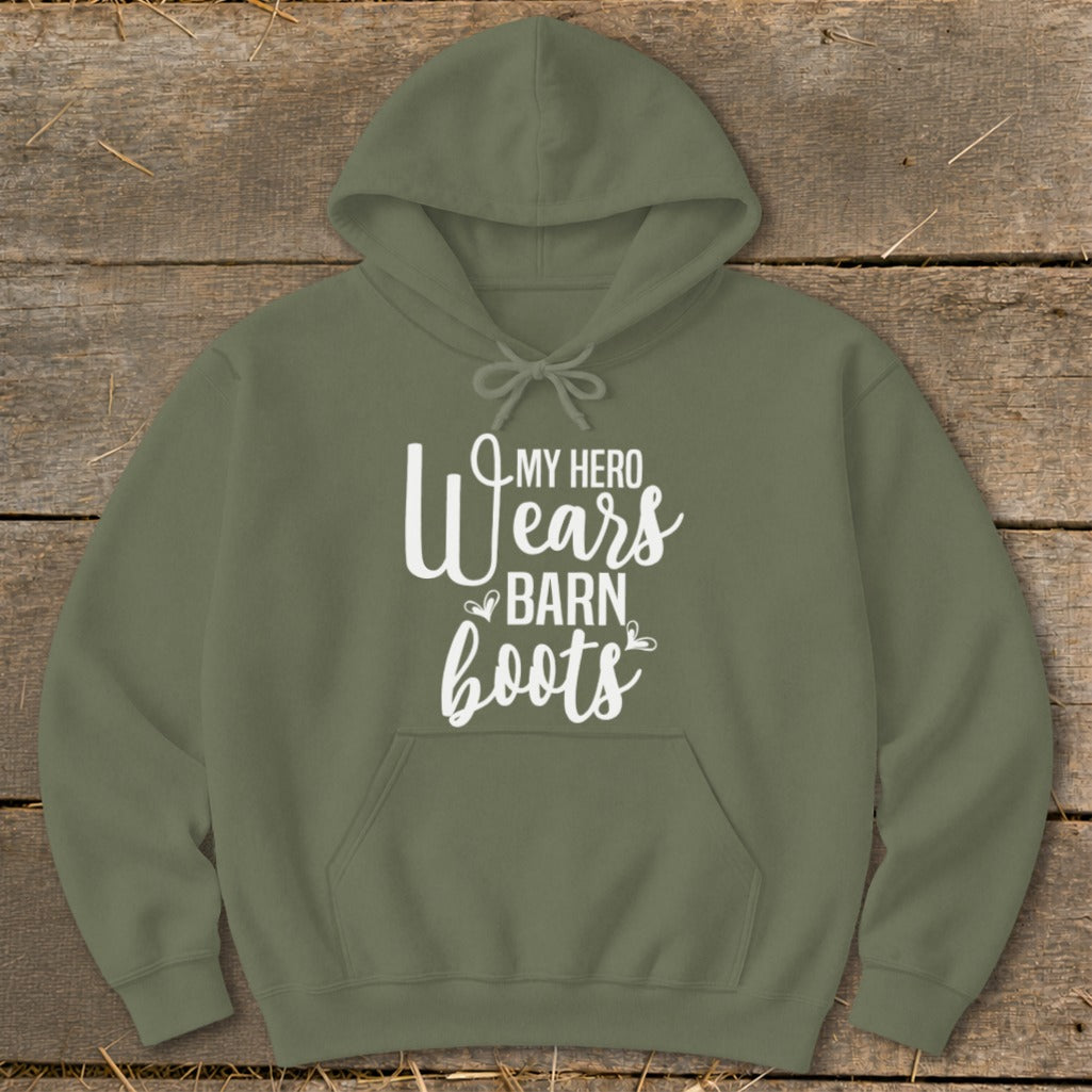 Olive green hoodie with white text "MY HERO Wears BARN boots".