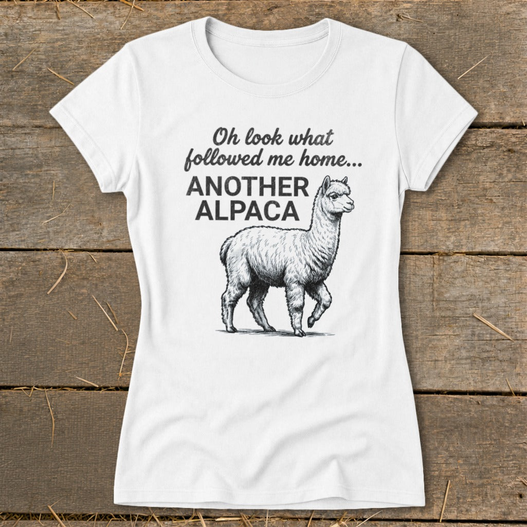 White t-shirt with black text "Another Alpaca" and alpaca illustration.