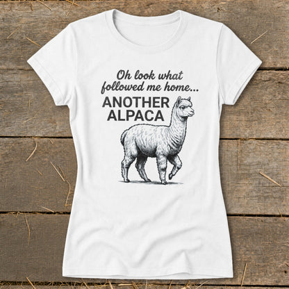 White t-shirt with black text "Another Alpaca" and alpaca illustration.