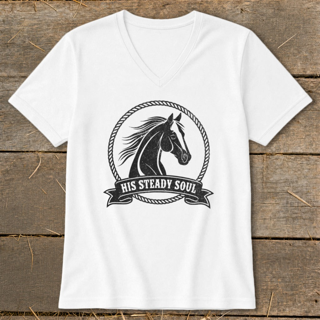 White v-neck t-shirt with black horse head graphic and "HIS STEADY SOUL" text.