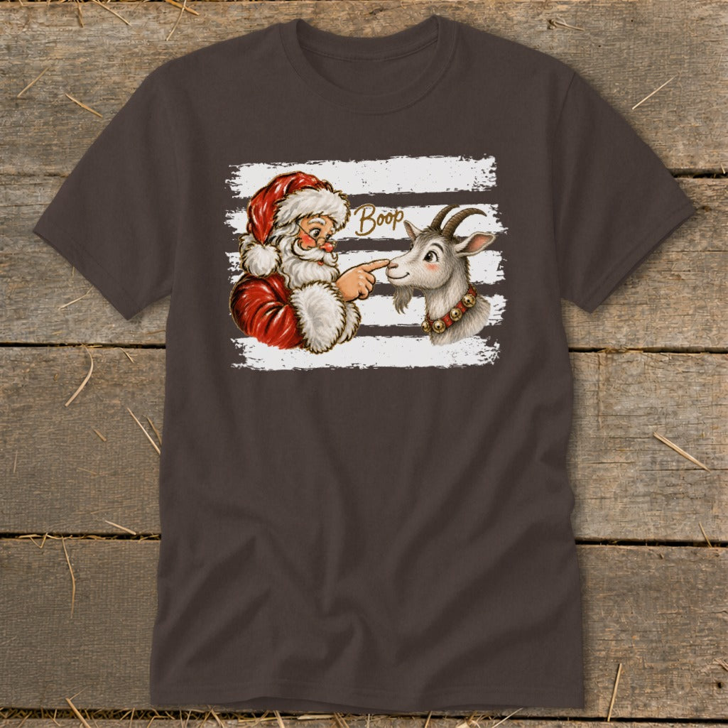 Santa boops a goat on the nose with the word "Boop" above them.