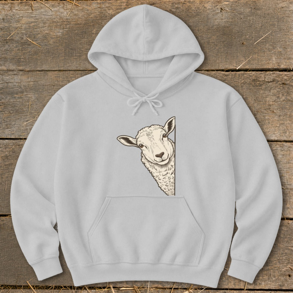 Light grey hoodie with a peeking sheep graphic on the front.