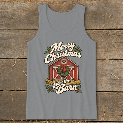 Gray tank top with "Merry Christmas from the Barn" text and a red barn illustration.