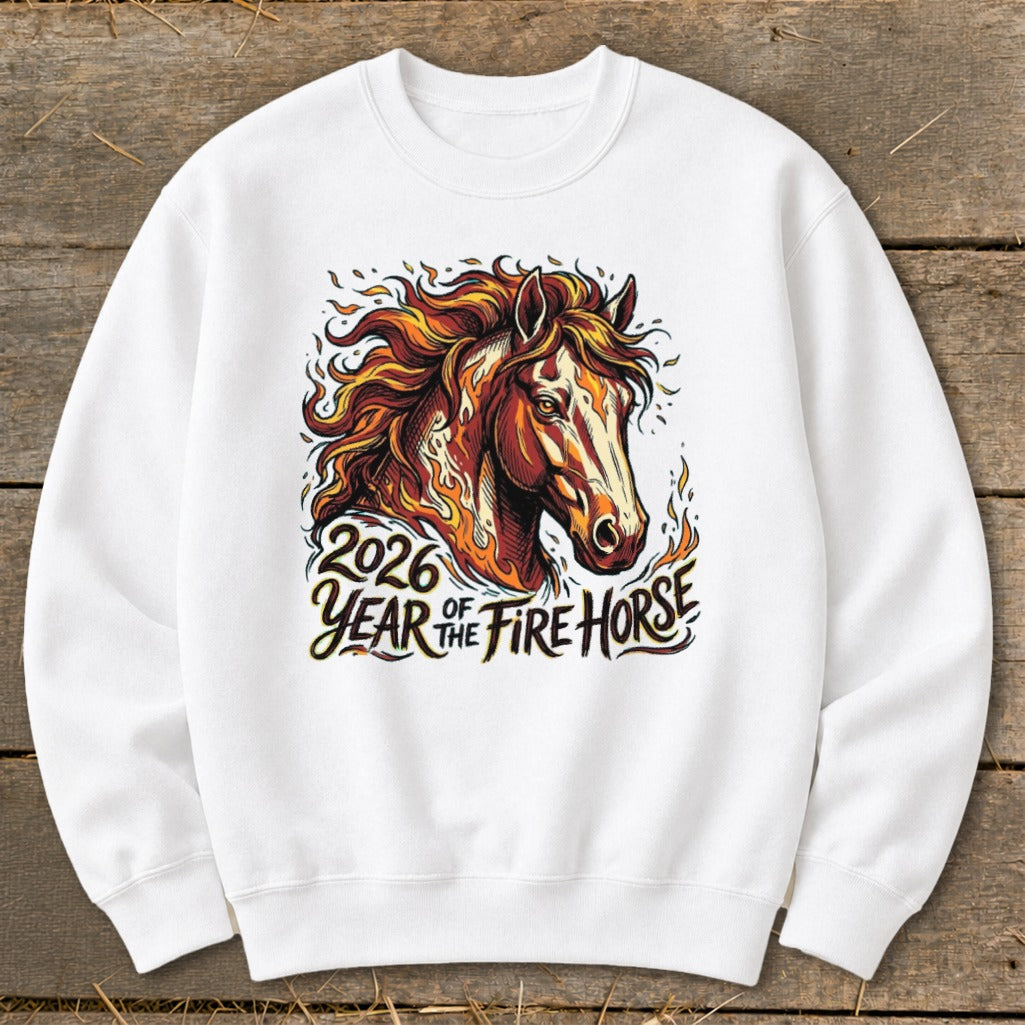 White sweatshirt with a fiery horse graphic and "2026 Year of the Fire Horse" text.